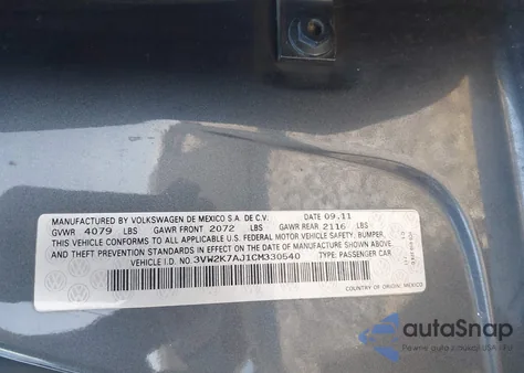 2012 Volkswagen Jetta 2.0L S z USA, uszkodzony, nr VIN 3VW2K7AJ1CM330540